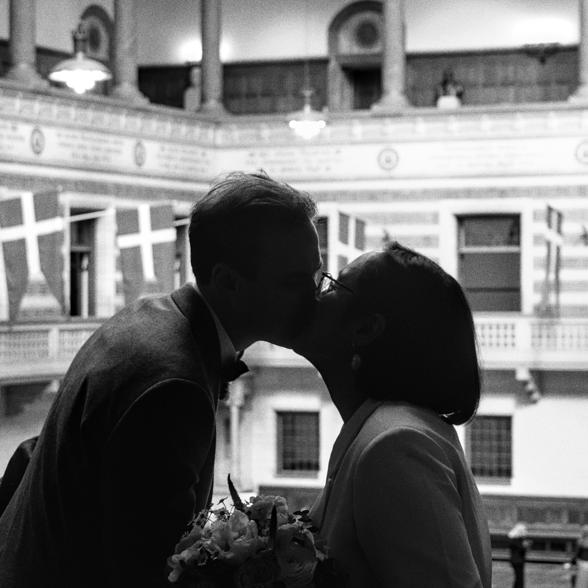 Wedding couple Copenhagen City Hall staircase